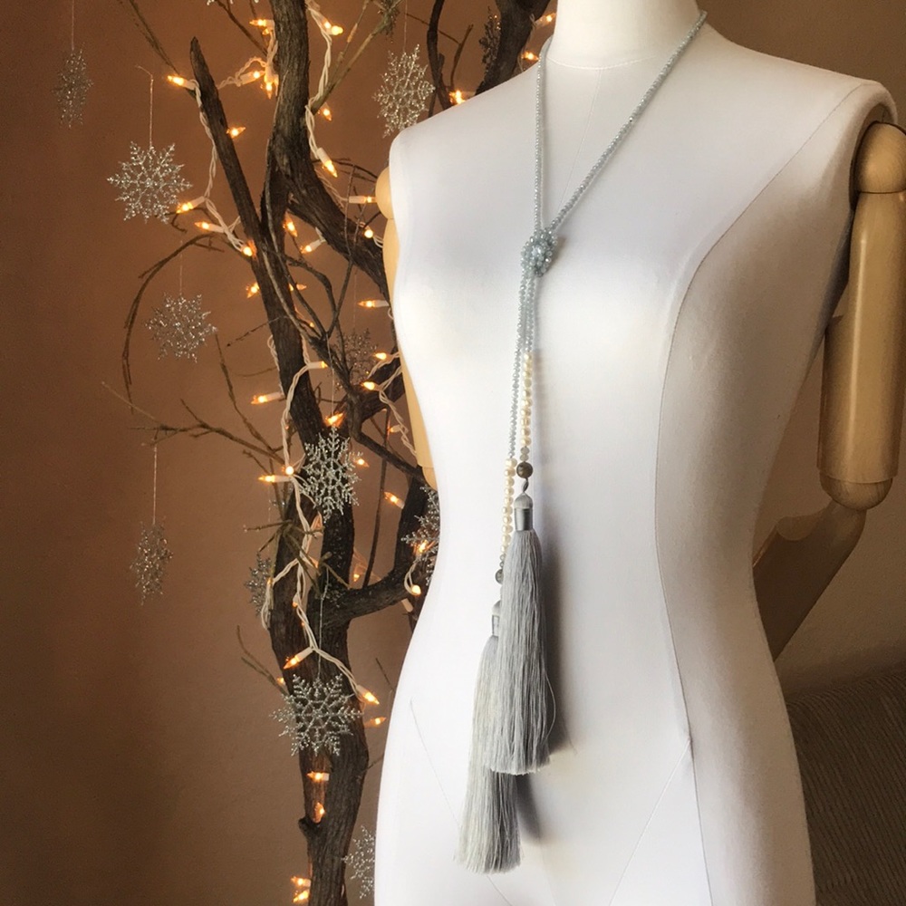 lariat christal and pearl tassel necklace